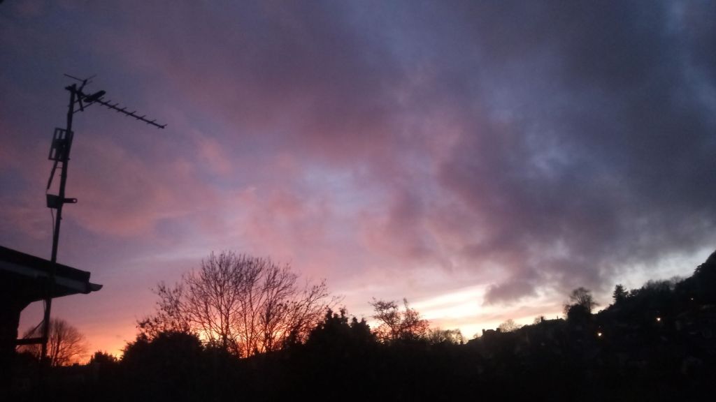 A photo taken at sunset showing a dark foreground, the slope of a hill, a bare tree with the setting sun shining through the branches and a glorious assembly of pink and grey clouds above.